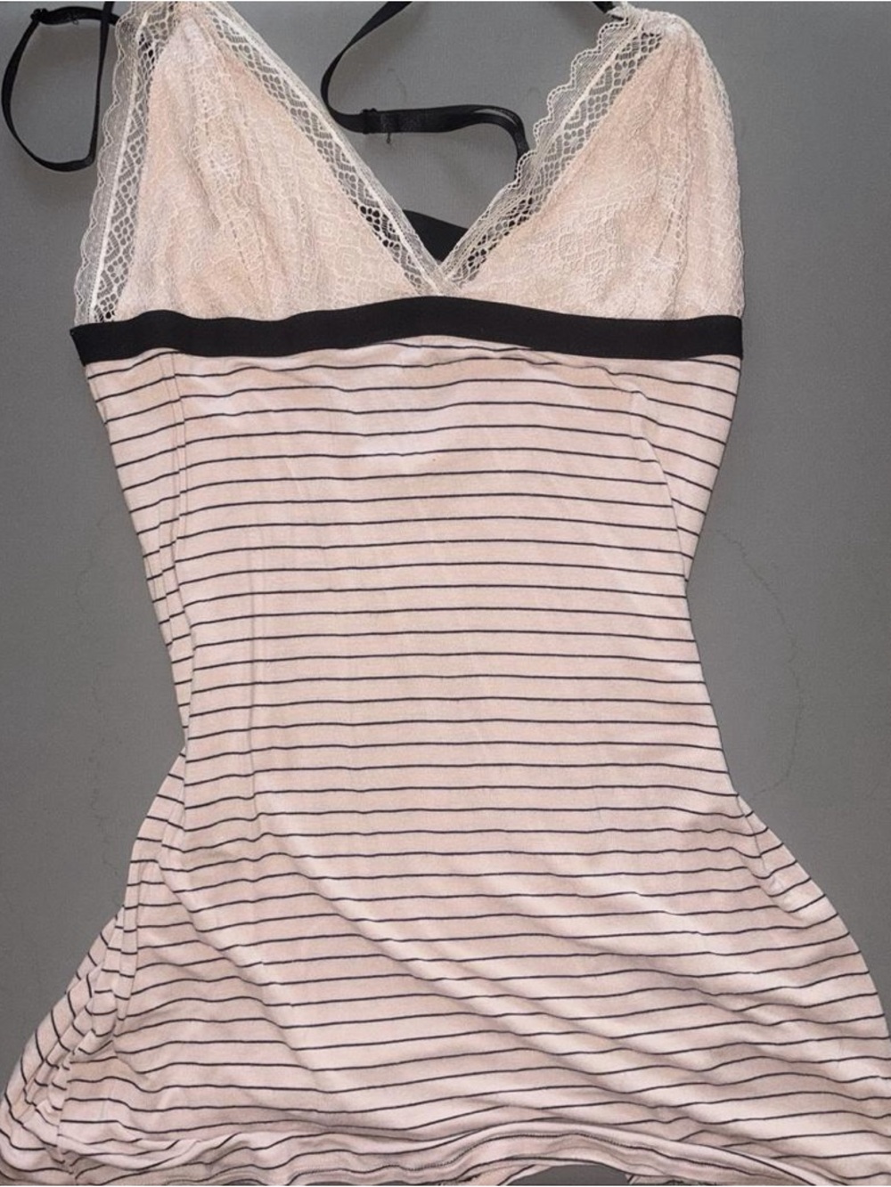 Striped Lace-Trim Chemise in Pale Pink with Black Accents